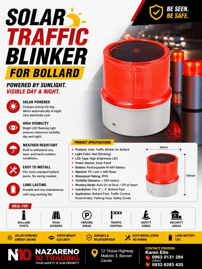 SOLAR BLINKER LIGHT FOR STEEL BOLLARD POST (Category: Looking For) located in Bacoor. Submitted by kajezame.2021 (Listing ID 1465628415, Image 1). Description: SOLAR BLINKER LIGHT FOR STEEL BOLLARD POST For More Details and Discount Contact Ms. Karen NAZARENO 10 TRADING 0963 0131 284 0933 6283 420 0956 7028 557 0933 8559 510 Landline: Look for Ms. Karen (046 ) 416 3920 Also available: • Traffic cone • Parking Block stopper • Hooded trash bin • Ro