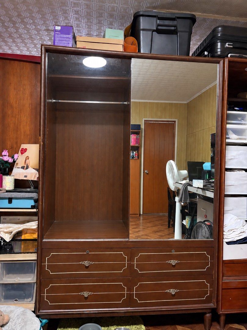 SOLID NARRA WOOD APARADOR / WARDROBE 🌳✨ (Category: Shelves, Cabinets & Racks) located in Pasay City. Submitted by dada391 (Listing ID 1465625940, Image 1). Description: ✨ Features: * Solid Narra wood construction * Large built-in/full-length mirror * 4 spacious drawers * Large hanging/storage compartment * Classic vintage design with decorative detailing * Heavy and very sturdy * Excellent statement piece for a bedroom or dressing area 📌 Condit