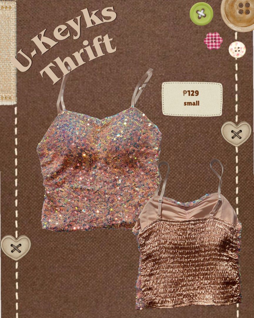 Sparkly Sequin Spaghetti Strap Crop Top Small (Category: Sleeveless) located in Cavite. Submitted by ukeyks (Listing ID 1465698902, Image 1). Description: - Color: Pinkish hue with full front sequins - Fit: Stretchy smocked back for comfort - Straps: Adjustable thin spaghetti straps - Style: Glittery crop top .