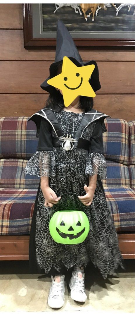 Spider Web Witch Costume from US (Category: Babies & Kids Fashion) located in Quezon City. Submitted by frappes (Listing ID 1465702583, Image 2). Description: - Brand: Tu - Size: 7-8 years (122-128 cm) - Material: 100% polyester - Set includes: Black dress with silver glitter spider web pattern, matching spider web collar piece, and pointy witch hat - Condition: Worn once for Halloween, excellent and clean shape.