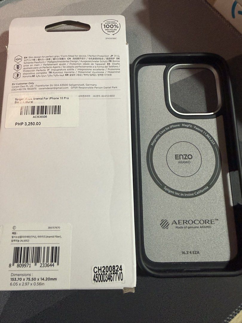 Spigen Enzo Aramid 16 Pro Case Authentic (Category: Cases & Sleeves) located in Makati City. Submitted by mdg42 (Listing ID 1465640218, Image 2). Description: Spigen Enzo Aramid for iPhone 16 Pro. Can pass as new, used once only. 100% authentic. SRP is at ₱3250. Selling only for ₱1500. Loc: Ayala, Makati.