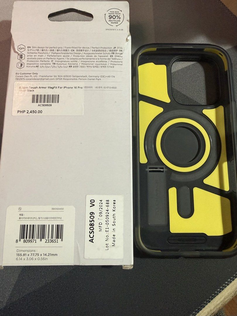 Spigen Tough Armor 16 Pro Case Authentic (Category: Cases & Sleeves) located in Makati City. Submitted by mdg42 (Listing ID 1465641311, Image 2). Description: Spigen Tough Armor (AI) for iPhone 16 Pro. Color: Frost black Used twice. Very good condition. 100% authentic. SRP is at ₱2450. Selling for only ₱1000. Loc: Ayala, Makati.