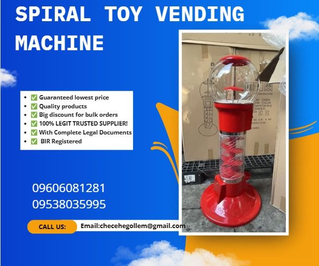 Spiral Toy Vending Machine (Category: Everything Else Others) located in Caloocan City. Submitted by liezelmonl80299 (Listing ID 1465627907, Image 1). Description: ●Dimension (W x D x H)mm: 540*540* 07.41300 ●Weight (kg): 11kg ●Brief Introduction: ●Shell: Explosion-proof material resistant to fall Machine: PC Coin Selector: Zinc alloy ●Color: Red ,Yellow ,Blue ●Suit for ball size：40-65mm ●20GP container: 60 pcs .