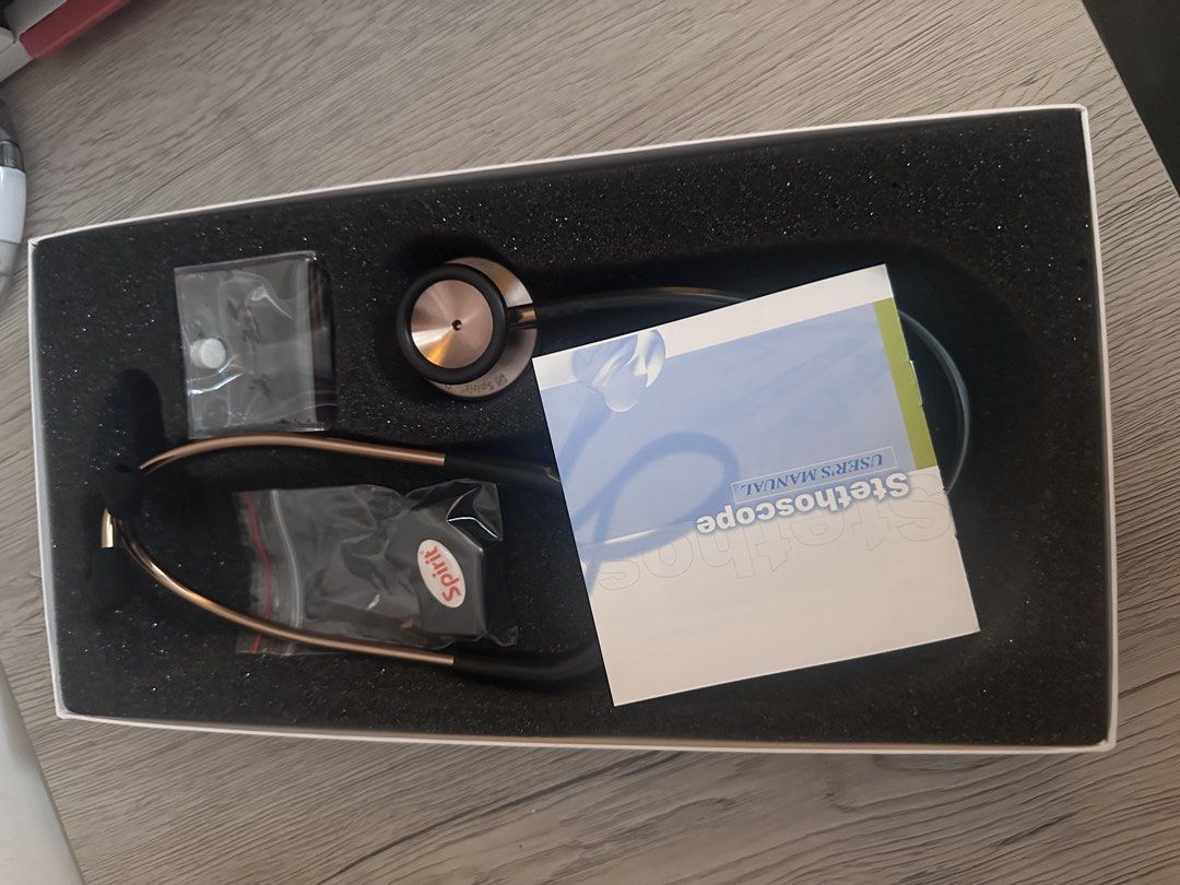 Spirit Professional Stethoscope (Category: Medical Supplies & Tools) located in Manila. Submitted by freysa (Listing ID 1465641694, Image 1). Description: - Authentic Spirit professional medical stethoscope - Complete set in original fitted box - Includes user manual, replacement eartips, and spare parts in sealed packs - Features metallic chestpiece and durable tubing - Securely nested in black foam padding for protection - Ideal for medical stu