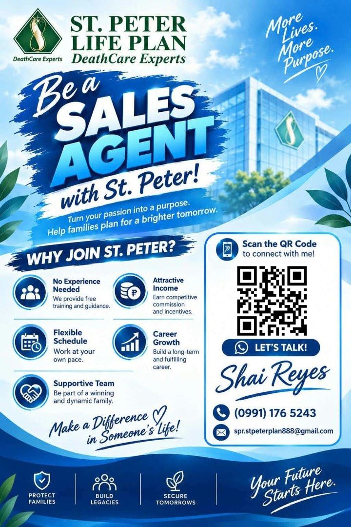 St. Peter Life Plan Sales Agent Job Opportunity (Category: Community) located in Marikina City. Submitted by shanja (Listing ID 1465610908, Image 1). Description: Hiring St. Peter Life Plan Sales Agents! No experience needed with free training provided. Enjoy a flexible schedule, attractive income, and career growth. .