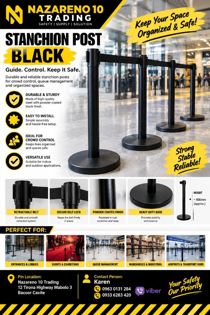 Stanchion Post Full Black matte (Category: Looking For) located in Bacoor. Submitted by kajezame.2021 (Listing ID 1465616220, Image 1). Description: Stanchion Post Full Black matte For More Details and Discount Contact Ms. Karen NAZARENO 10 TRADING 0963 0131 284 0933 6283 420 0956 7028 557 0933 8559 510 Landline: Look for Ms. Karen (046 ) 416 3920 Also available: • Traffic cone • Parking Block stopper • Hooded trash bin • Road Plastic Barrier • S
