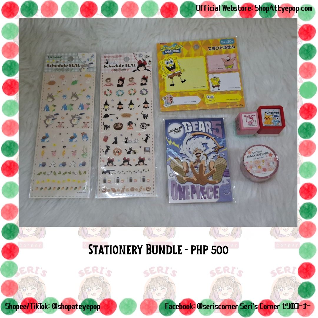 STATIONERY BUNDLE - PHP 500 (Category: Other Stationery & Craft) located in Las Pinas. Submitted by seriscorner (Listing ID 1465727265, Image 1). Description: STATIONERY BUNDLE - PHP 500 2 Ghibli Studio Seals - Kiki's Delivery Service and My Neighbor Totoro 1 Spongebob Sticky Note 1 One Piece memo 1 Hello Kitty stamp 1 Pokemon stamp 1 Snoopy Washi Tape ------Courier: SPX Xpress (sf c/o buyer) We accept payments via BDO, Maribank, GoTyme, and GCas