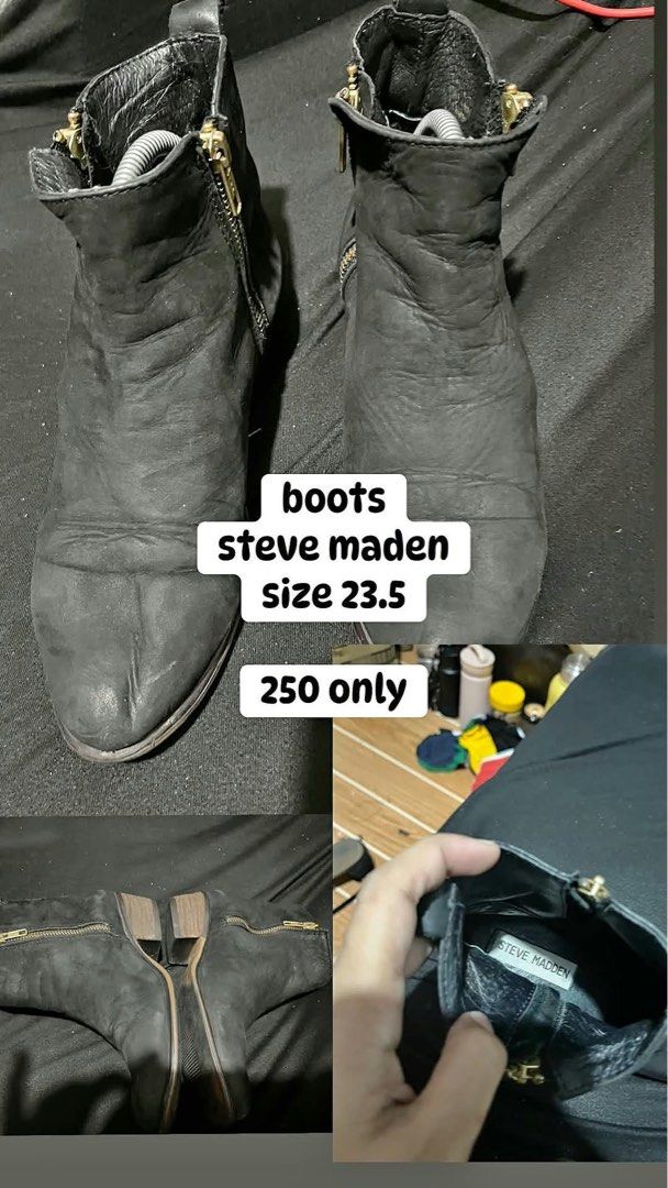 Steve Madden boots size 23.5 (Category: Boots) located in Manila. Submitted by kiyanna.preloved (Listing ID 1465751741, Image 1). Description: - Brand: Steve Madden - Color: Black - Size: 23.5 - Material: Genuine leather with natural wear creases - Details: Gold-tone side zippers and stacked heels - Condition: Soles and heels are fully intact - Style: Great everyday footwear option.