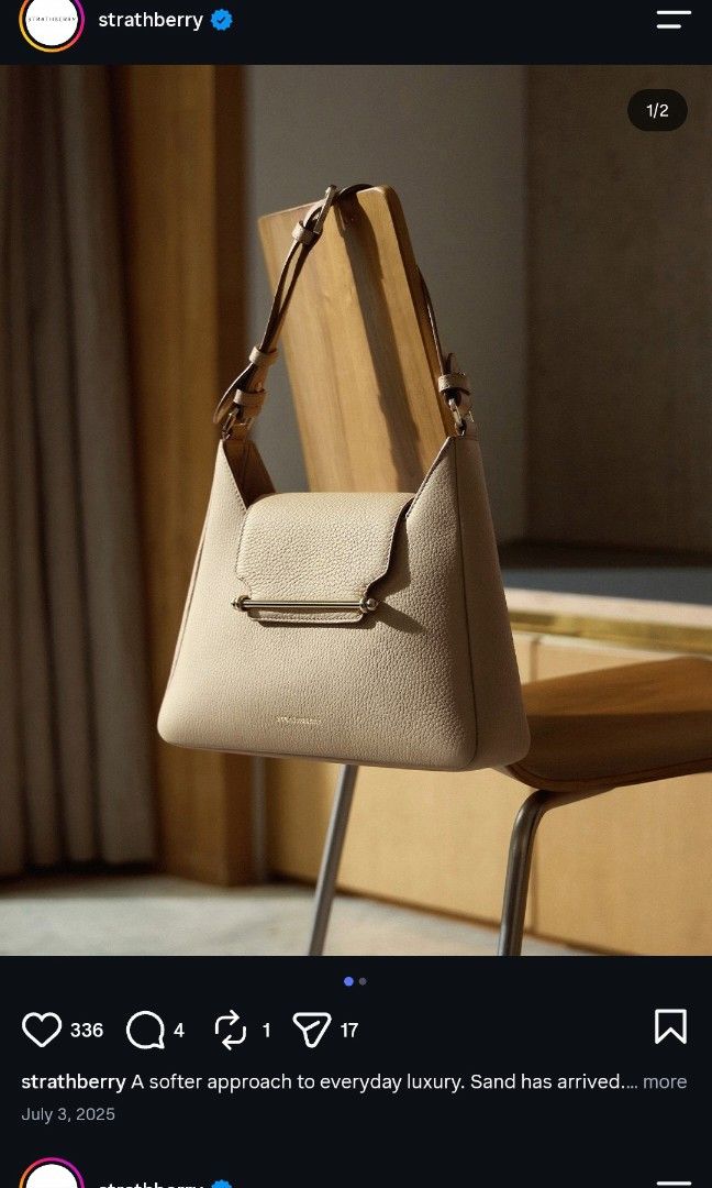 Strathberry Mulberry Hobo bag (Category: Purses & Pouches) located in Makati City. Submitted by prelovedbyistj (Listing ID 1432101065, Image 3). Description: - Oat-colored handbag - Gold-tone metal accent (minimal hairline scratches) - Includes a long and short shoulder strap - Has an inside pocket - Made of textured material - Box, dustbag and card included - With a bit of bluish discoloration at the back side due to a new denim - Can fit small 