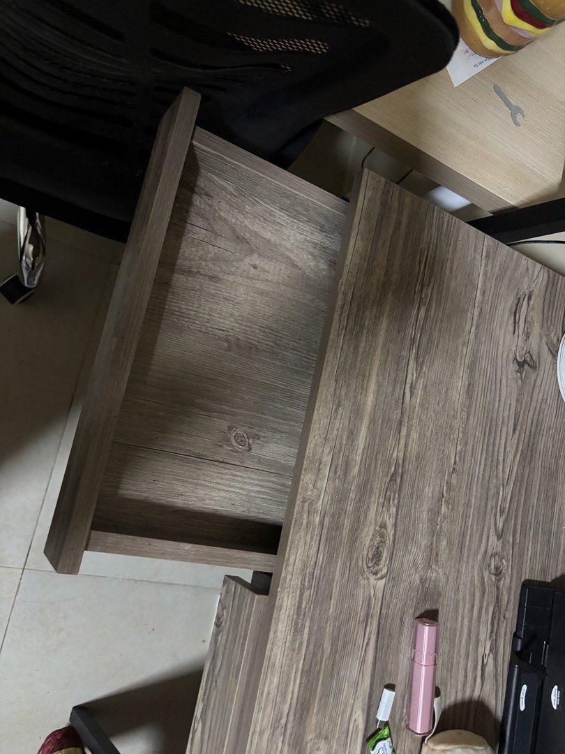 Study desk/table w/ shelves (Category: Tables & Sets) located in Quezon City. Submitted by goldbrews (Listing ID 1465590493, Image 2). Description: Study desk/table with 2 tier shelves & drawers - approx 5ft height; 30 in length - sturdy - see pictures for cosmetic issues.