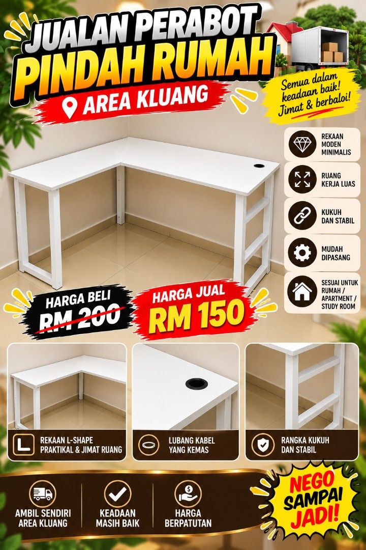 Study Table (Category: Tables & Sets) located in Kluang. Submitted by qidzzz (Listing ID 1465608775, Image 1). Description: Study Table Baru pakai setahun Harga Beli 225 Nego sampai jadi.