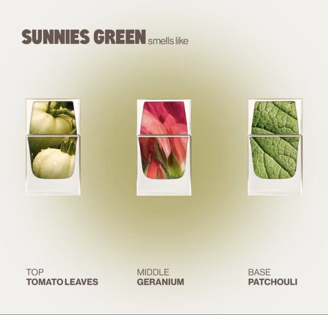 Sunnies Face Sunnies Green Eau de Parfum (Category: Fragrance & Deodorants) located in Paranaque City. Submitted by vestured.ph (Listing ID 1465603824, Image 3). Description: Condition: 80% content and 100% authentic - Brand: Sunnies Face - Product: Sunnies Green Eau de Parfum - Fragrance Profile: Fresh, crisp, and earthy - Scent Notes: Tomato leaves (top), geranium (middle), patchouli (base) - Longevity: High 30% oil concentration, lasts up to 8