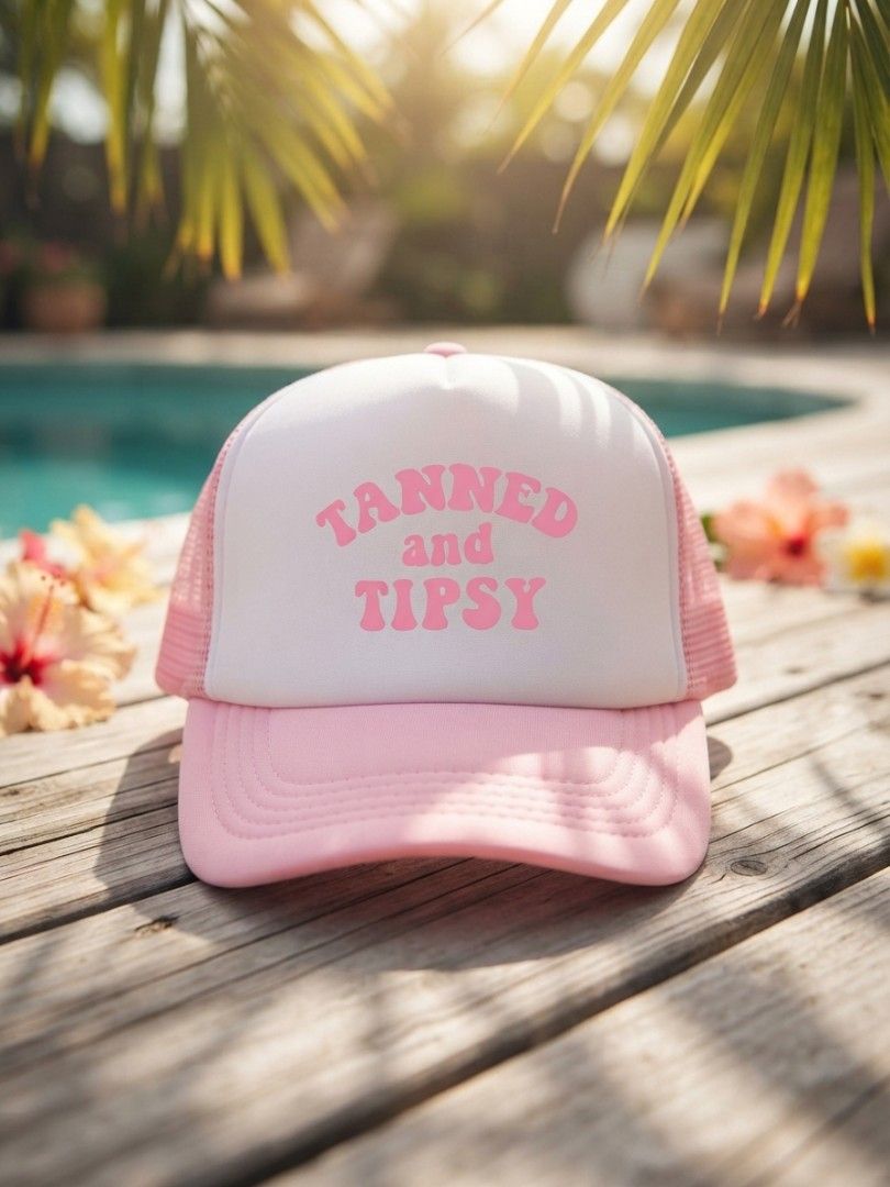 Tanned and Tipsy" Pink Trucker Hat (Category: Hats & Beanies) located in Binangonan. Submitted by yuristalin888 (Listing ID 1465583467, Image 1). Description: * **Design:** Features a playful "TANNED and TIPSY" slogan printed in bold pink lettering on a white foam front panel. * **Structure:** Classic trucker style combining a structured front, breathable pink mesh back and side panels, and a matching pink curved brim with stitched detailing. * *