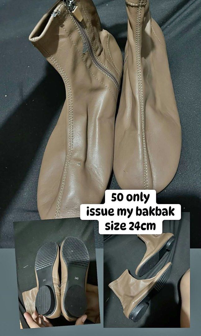 Taupe Ankle Boots Size 24cm (Category: Boots) located in Manila. Submitted by kiyanna.preloved (Listing ID 1465751190, Image 1). Description: - Color: Taupe - Size: 24cm (marked on sole) - Style: Flat ankle boots with comfortable slip-on design and side zippers - Traction: Rubber traction pads underneath for safety - Condition: Minor peeling on the upper material near the zipper - Perfect for daily wear.