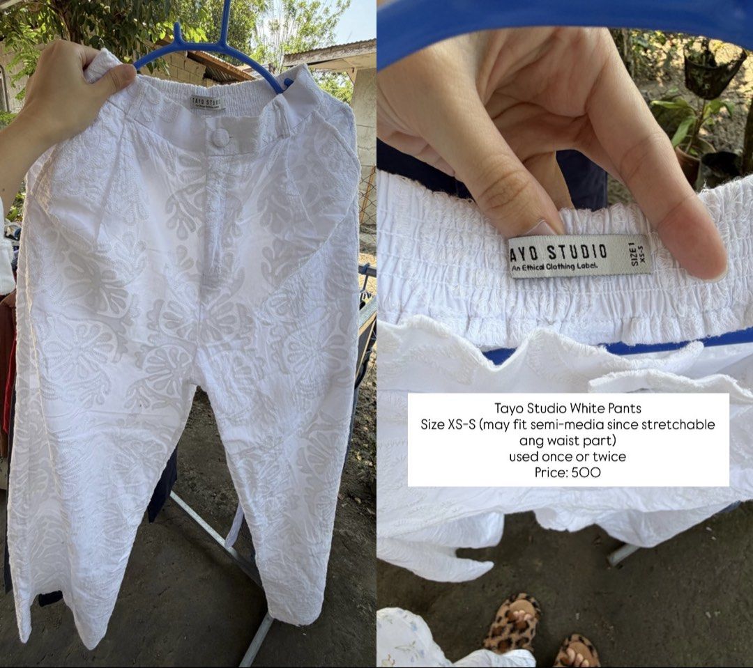 Tayo Studio White Pants Size XS-S (Category: Other Bottoms) located in Manila. Submitted by rejjjjjjj13 (Listing ID 1465653010, Image 1). Description: - Brand: Tayo Studio - Color/Design: White with detailed all-over pattern - Size: XS to S (Elastic smocked waistband stretches for a comfy fit, may also fit a Medium) - Condition: Worn only once or twice, barely used, clean and ready to wear.