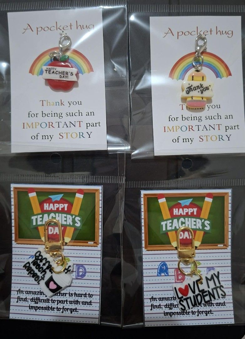 Teacher Day Keychains & Pocket Hugs Assorted Designs (Category: Character Goods) located in Makati City. Submitted by aram. (Listing ID 1465619283, Image 3). Description: - Adorable teacher appreciation keychains and pocket hugs - Cute designs: coffee, apples, books, rainbows, and heartfelt quotes - Durable gold-tone lobster clasps and secure backings - Individually packaged on themed backing cards - Perfect thank-you gift for educators, mentors,