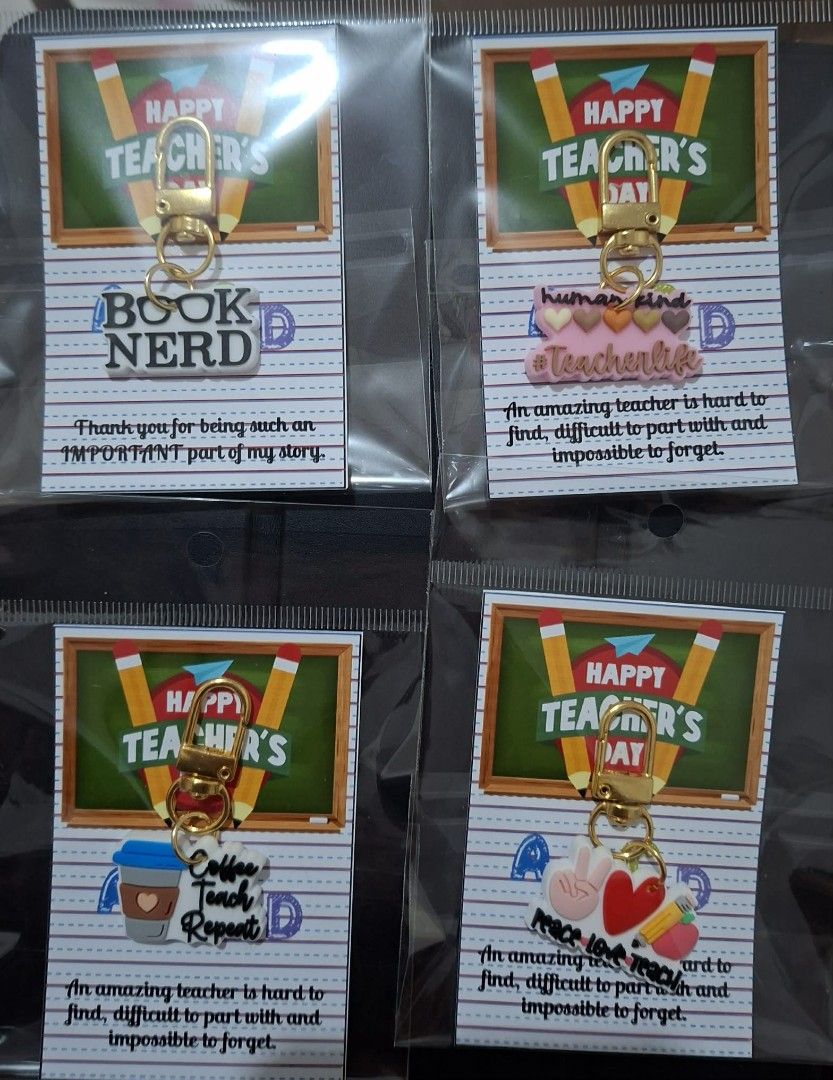 Teacher Day Keychains & Pocket Hugs Assorted Designs (Category: Character Goods) located in Makati City. Submitted by aram. (Listing ID 1465619283, Image 2). Description: - Adorable teacher appreciation keychains and pocket hugs - Cute designs: coffee, apples, books, rainbows, and heartfelt quotes - Durable gold-tone lobster clasps and secure backings - Individually packaged on themed backing cards - Perfect thank-you gift for educators, mentors,