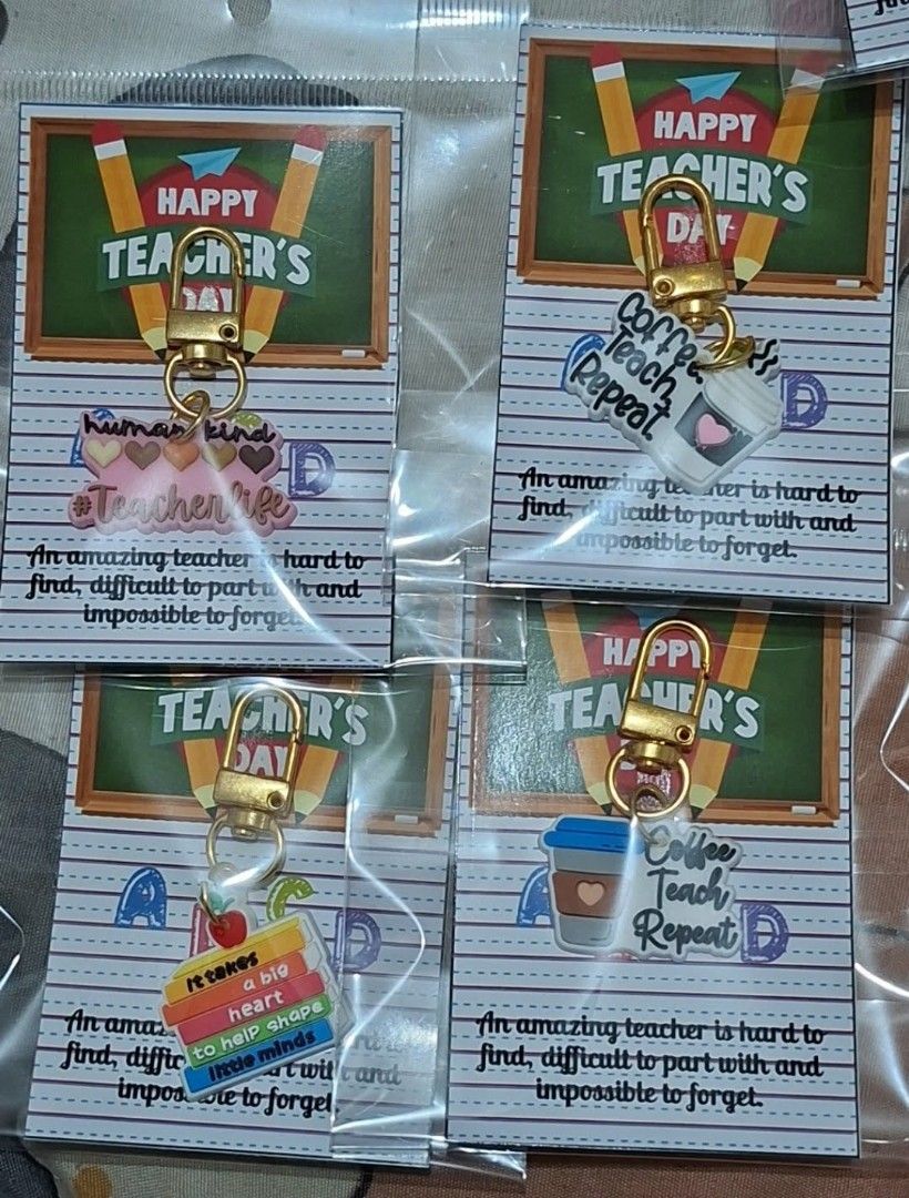 Teacher Day Keychains & Pocket Hugs Assorted Designs (Category: Character Goods) located in Makati City. Submitted by aram. (Listing ID 1465619283, Image 1). Description: - Adorable teacher appreciation keychains and pocket hugs - Cute designs: coffee, apples, books, rainbows, and heartfelt quotes - Durable gold-tone lobster clasps and secure backings - Individually packaged on themed backing cards - Perfect thank-you gift for educators, mentors,
