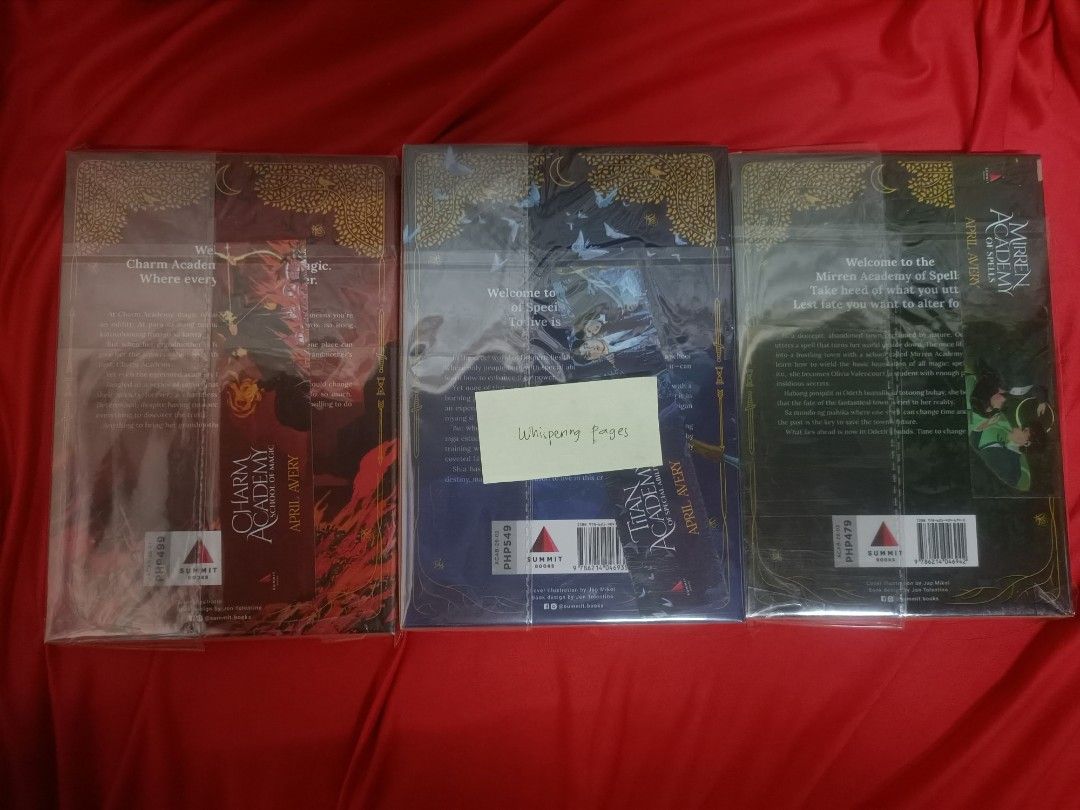 The Academy Series (Signed) by April Avery (Category: Storybooks) located in Marilao. Submitted by isayygarcia (Listing ID 1465684794, Image 2). Description: - Complete 3-book set: Charm Academy, Titan Academy, and Mirren Academy (Signed) - Author: April Avery - Publisher: Summit Books - Condition: Brand new.