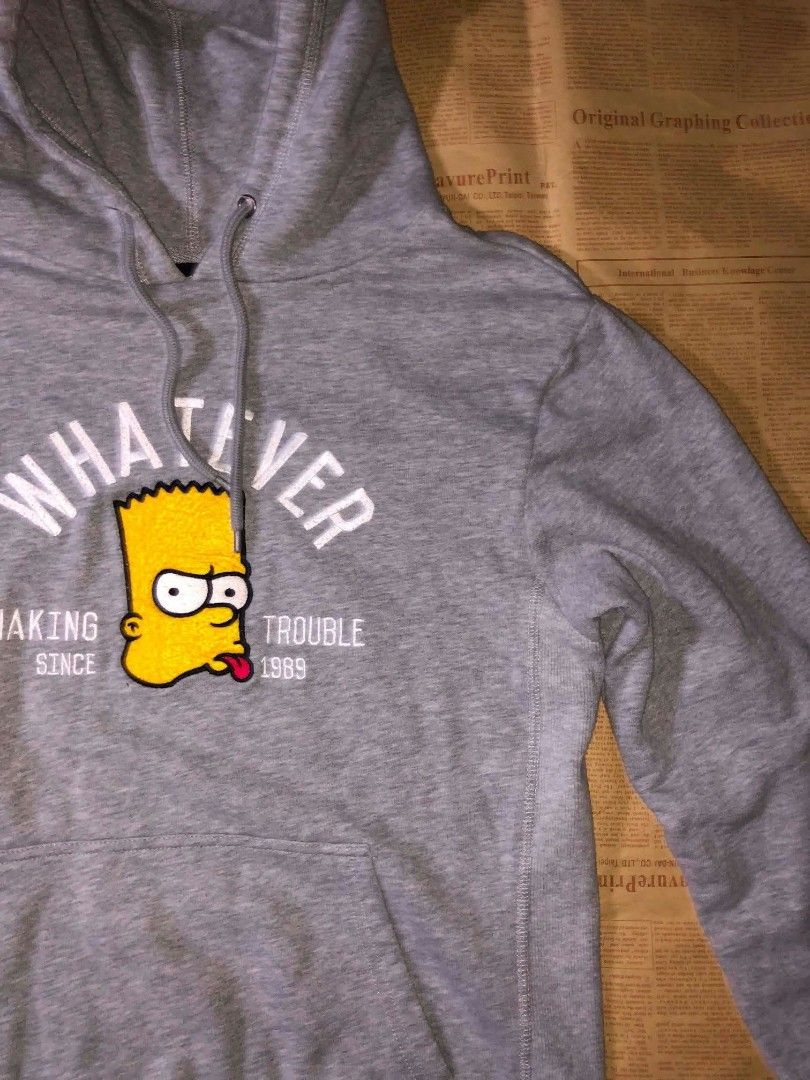 The Simpsons x ad-lib Bart Simpson grey hoodie (Category: Hoodies) located in Manila. Submitted by archivethreads (Listing ID 1464867219, Image 2). Description: - Official The Simpsons x ad-lib collaboration piece (2018 Twentieth Century Fox) - Colour: Grey - Design: Bart Simpson graphic with "WHATEVER MAKING TROUBLE SINCE 1989" text - Features: Front kangaroo pocket and adjustable drawstring hood - Material: Soft and comfortable cotton blend - F