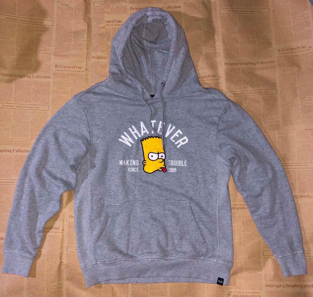 The Simpsons x ad-lib Bart Simpson grey hoodie (Category: Hoodies) located in Manila. Submitted by archivethreads (Listing ID 1464867219, Image 1). Description: - Official The Simpsons x ad-lib collaboration piece (2018 Twentieth Century Fox) - Colour: Grey - Design: Bart Simpson graphic with "WHATEVER MAKING TROUBLE SINCE 1989" text - Features: Front kangaroo pocket and adjustable drawstring hood - Material: Soft and comfortable cotton blend - F