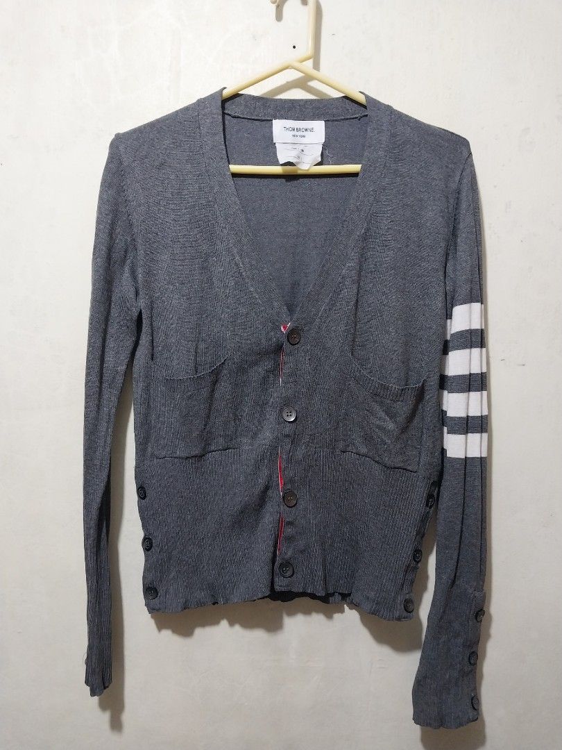 Thom browne gray cardigan (Category: Coats, Jackets and Outerwear) located in Manila. Submitted by PrinceDani.Clothing (Listing ID 1465751864, Image 3). Description: Thom browne gray cardigan Size 2 on tag medium fit 18.5in width 24in length issue: lints excellent condition .
