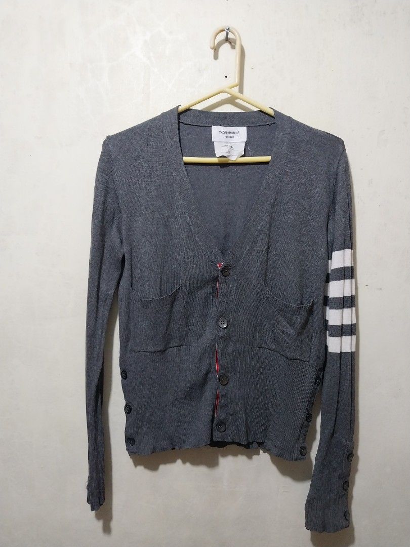 Thom browne gray cardigan (Category: Coats, Jackets and Outerwear) located in Manila. Submitted by PrinceDani.Clothing (Listing ID 1465751864, Image 2). Description: Thom browne gray cardigan Size 2 on tag medium fit 18.5in width 24in length issue: lints excellent condition .