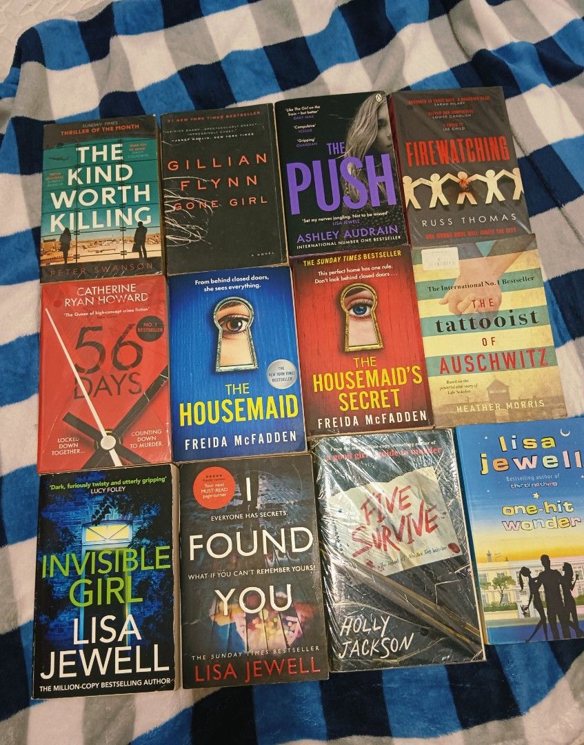 Thriller and Mystery Fiction Paperbacks Bundle (Category: Storybooks) located in Manila. Submitted by rosareads (Listing ID 1465589946, Image 1). Description: - Genre: Thriller and Mystery paperbacks - Authors: Lisa Jewell, Freida McFadden, Gillian Flynn, Holly Jackson, and more - Featured Titles: The Housemaid, Gone Girl, Invisible Girl, Five Survive - Condition: Various publishers and cover styles - Perfect for: Mystery lovers and binge-readers