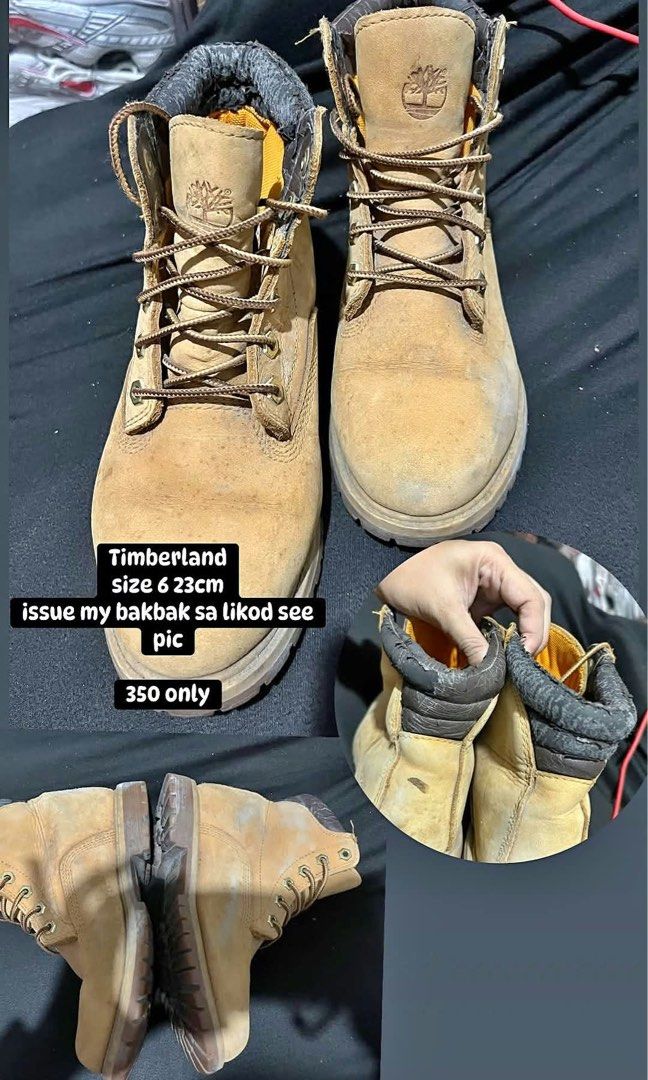 Timberland Boots Size 6 23cm (Category: Boots) located in Manila. Submitted by kiyanna.preloved (Listing ID 1465751191, Image 1). Description: - Brand/Model: Timberland Classic Wheat Boots - Size: US 6 / 23cm - Design: Lace-up with durable lug soles - Condition: Pre-loved with general scuffs/dirt on the suede upper - Flaws: Noticeable flaking and peeling on the padded collar lining at the back (please check photos) - Perfect as a budget-friendly 