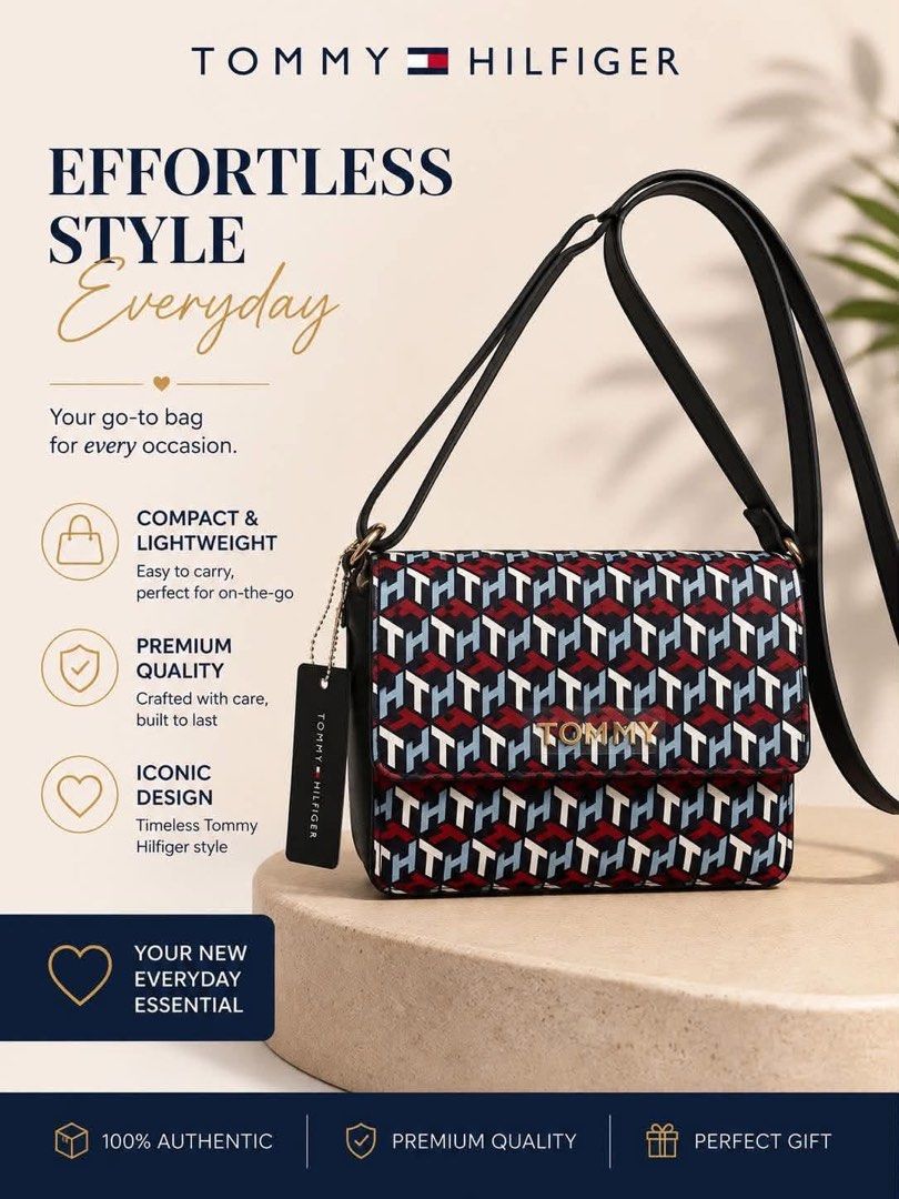 Tommy Hilfiger Monogram Crossbody Bag (Category: Cross-body Bags) located in Dagupan City. Submitted by vallureph (Listing ID 1465588285, Image 1). Description: - Brand: Tommy Hilfiger - Design: Allover TH monogram pattern in navy, red, and light blue - Hardware: Gold-tone Tommy lettering logo on the front flap and strap attachments - Strap: Black, adjustable shoulder strap - Condition: Brand new with hanging tag, protective plastic still on the 