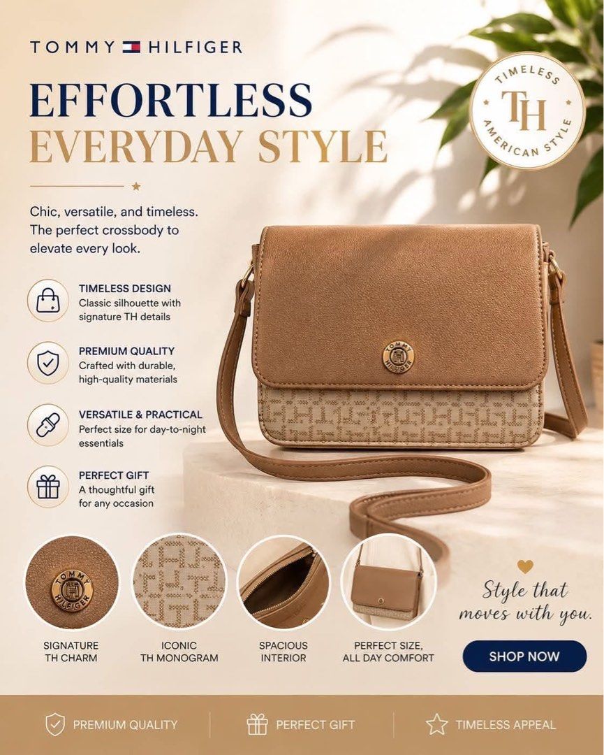 Tommy Hilfiger Monogram Crossbody Bag (Category: Cross-body Bags) located in Dagupan City. Submitted by vallureph (Listing ID 1465588511, Image 1). Description: - Brand: Tommy Hilfiger - Style: Classic flap crossbody bag - Color/Pattern: Tan and beige monogram - Hardware: Gold-tone with signature TH charm - Strap: Adjustable for comfortable wear - Interior: Roomy enough for everyday essentials - Condition: Brand new with original Ross store tags.