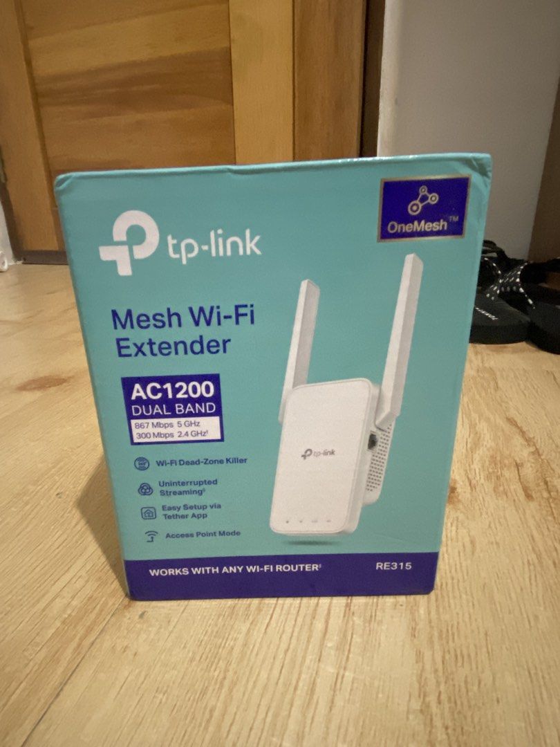 TP-Link RE315 AC1200 Mesh Wi-Fi Extender (Category: Networking) located in Binan City. Submitted by sellerygirl19 (Listing ID 1465619925, Image 1). Description: - Model: TP-Link RE315 AC1200 Mesh Wi-Fi Extender - Speed & Coverage: Dual-band connection that eliminates Wi-Fi dead zones at home - Compatibility: Works seamlessly with any standard router or access point - Setup: Quick and easy configuration using the Tether mobile app - Condition & In