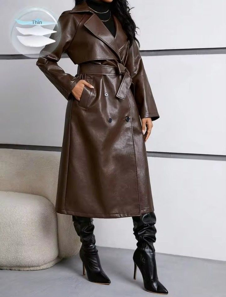 TRENCH COAT LEATHER BROWN WITH BELT (Category: Coats, Jackets and Outerwear) located in Marikina City. Submitted by DaineSugue (Listing ID 1465603704, Image 1). Description: 🧥 Trench Coat 💕Firerie Women's Regular Fit Pu Leather Jacket With Contrast Lapel, Tie Belt And Waistband In Fall/Winter SIZE: XL on tag -BRAND NEW 💸Mine now, Pay Now 📍Tumana,Marikina ❌❗️NO sh0p3e checkout❗️❌ ✨Color May Slightly Vary Due to Photographic Lighting ✅Payment F