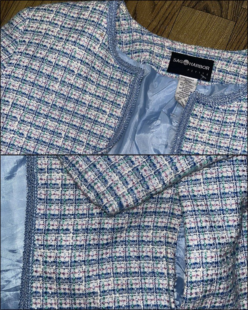 Sag Harbor Tweed Blazer (Category: Coats, Jackets and Outerwear) located in Tarlac. Submitted by yuejunnie (Listing ID 1465678882, Image 2). Description: - Brand: Sag Harbor Petite - Color: Blue, pink, and white tweed - Design: Open front with braided trim along the collar, placket, and hem - Material: Cotton and acrylic blend; fully lined in polyester For specific measurement, send an inquiry Own preloved but please manage expectations.