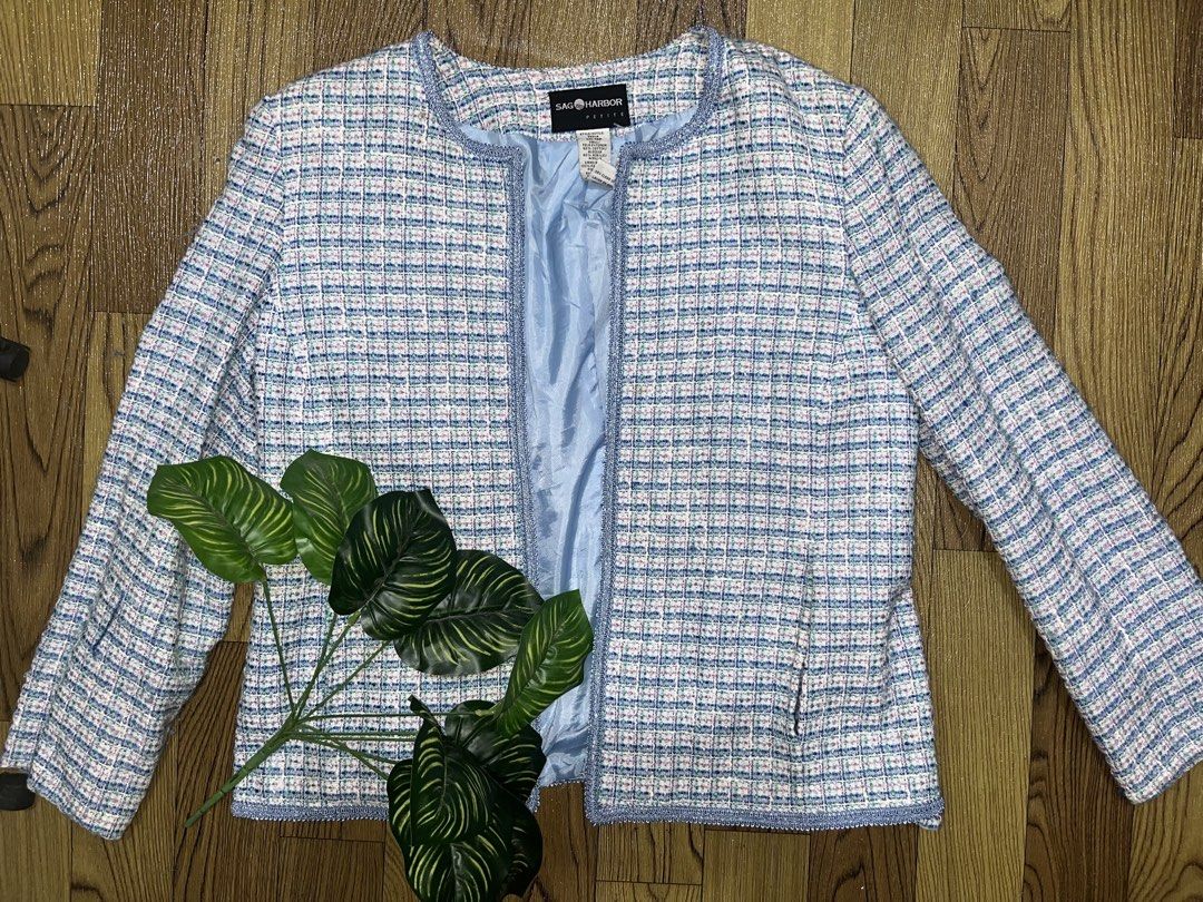 Sag Harbor Tweed Blazer (Category: Coats, Jackets and Outerwear) located in Tarlac. Submitted by yuejunnie (Listing ID 1465678882, Image 1). Description: - Brand: Sag Harbor Petite - Color: Blue, pink, and white tweed - Design: Open front with braided trim along the collar, placket, and hem - Material: Cotton and acrylic blend; fully lined in polyester For specific measurement, send an inquiry Own preloved but please manage expectations.