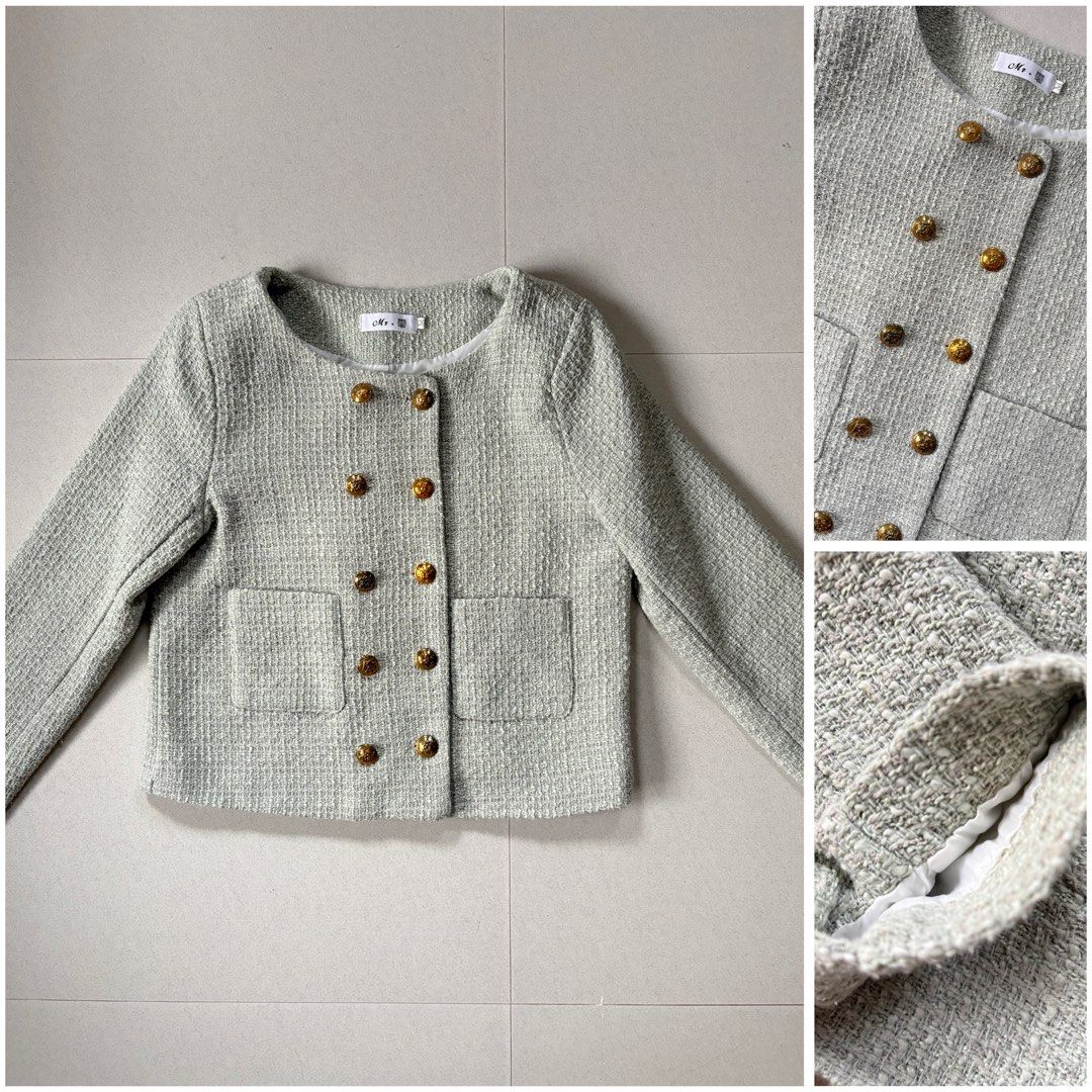 Tweed Jacket Gold Buttons (Category: Coats, Jackets and Outerwear) located in San Jose. Submitted by ikonicaura (Listing ID 1465605934, Image 1). Description: - Style: Light green tweed jacket with structured texture - Closure: Double-breasted gold buttons - Details: Round neckline and front patch pockets - Lining: Fully lined with white fabric inside - Versatility: Perfect for layering at work or casual outings - Condition: Like new / Excellent 