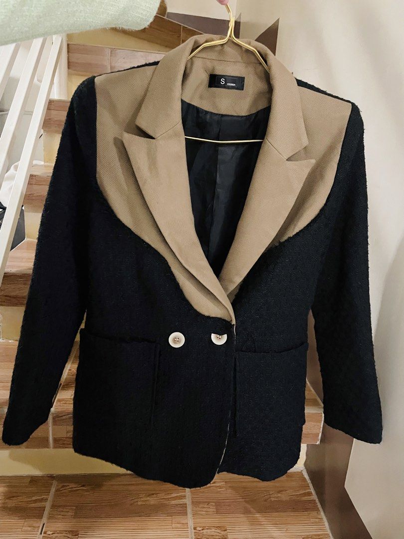Two-tone Black and Brown Blazer Coat (Category: Coats, Jackets and Outerwear) located in Pasig City. Submitted by pretty.pickz (Listing ID 1465717268, Image 1). Description: Rare style super pretty! ❤️ - Two-tone double-breasted blazer - Color: Black body with a contrast brown lapel collar - s-m mode of delivery: jnt or lalamove (if nearby).