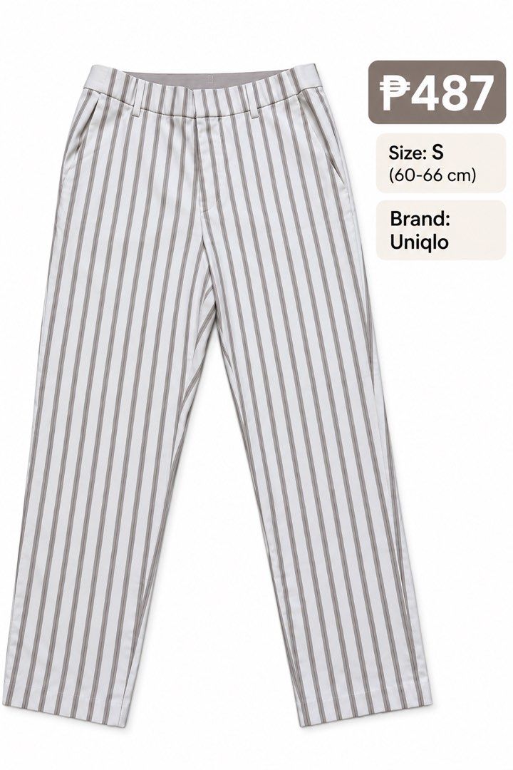 Uniqlo Striped Pants Size S (Category: Other Bottoms) located in Quezon City. Submitted by poshforward (Listing ID 1465654033, Image 1). Description: - Brand: Uniqlo - Size: S (fits waist 60-66 cm) - Design: Brown vertical stripes on white background - Cut: Straight leg - Pockets: Side pockets and back welt pockets - Condition: Clean and ready to wear LP na! Decluttering nang malupet! Practicing how to let go 😭.