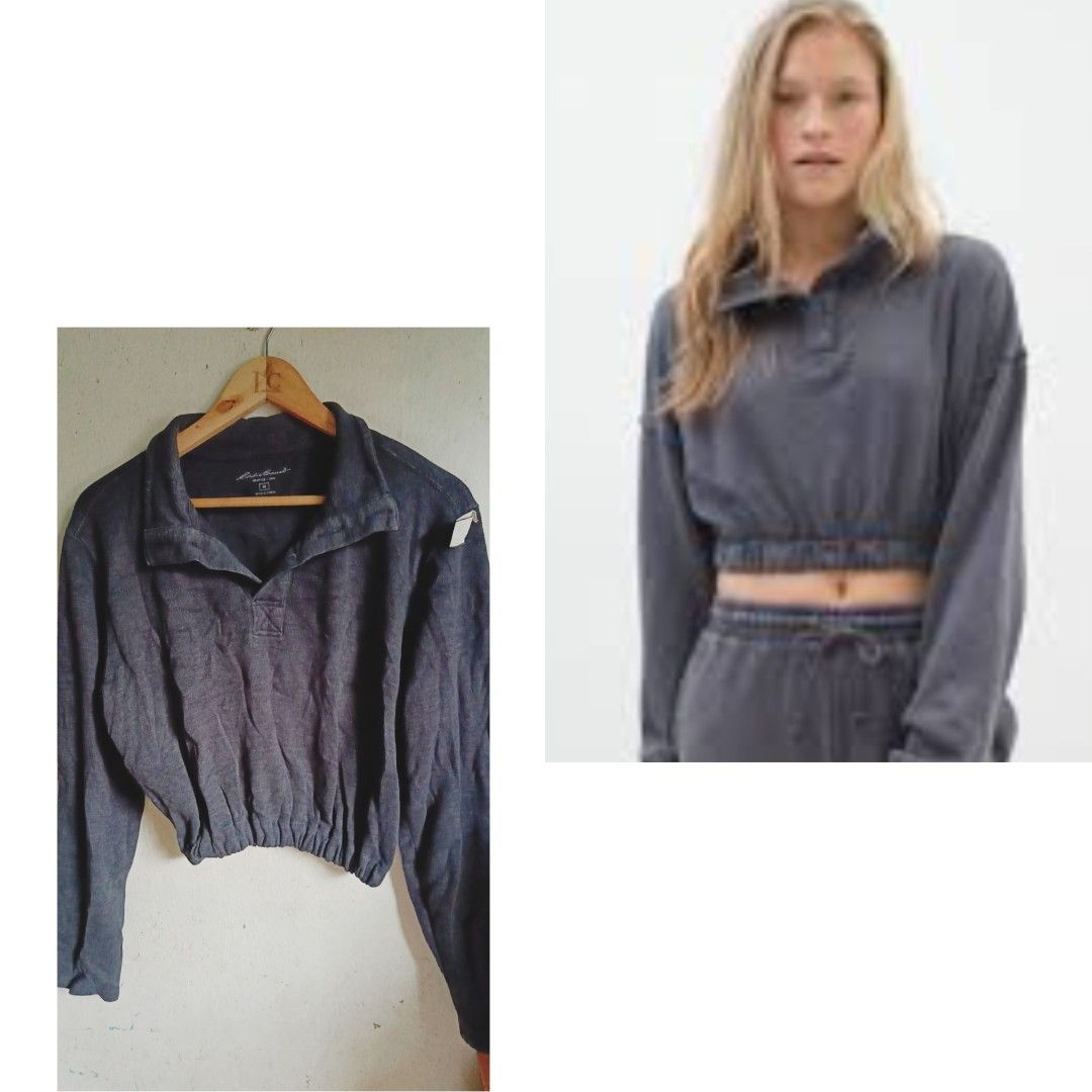 US Blue Cropped Pullover Sweatshirt Size M (Category: Coats, Jackets and Outerwear) located in Quezon City. Submitted by cathyignaciogo09 (Listing ID 1465713433, Image 1). Description: - Color: Dark Blue - Size: Medium (M) - Style: Cropped sweatshirt with polo collar and button placket - Fit: Elastic waistband to cinch the hem - Condition/Environment: Great for casual wear, smoke-free home.