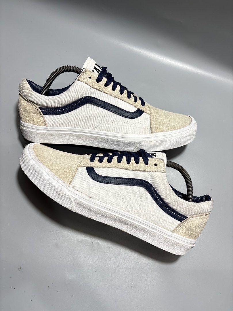 Vans Old Skool White Navy Blue Size US 10.5 (Category: Sneakers) located in Butuan. Submitted by shoeetasho (Listing ID 1465757284, Image 3). Description: - Model: Vans Old Skool - Colorway: White and Navy Blue with Cream Suede toe caps and heel counters - Size: US Men's 10.5 / UK 9.5 / EUR 44.0 / 28.5 cm - Details: Navy laces, iconic side stripe, and Vans tongue tag - Condition: Clean white midsoles, Made in Vietnam - Perks: FREE shipping includ