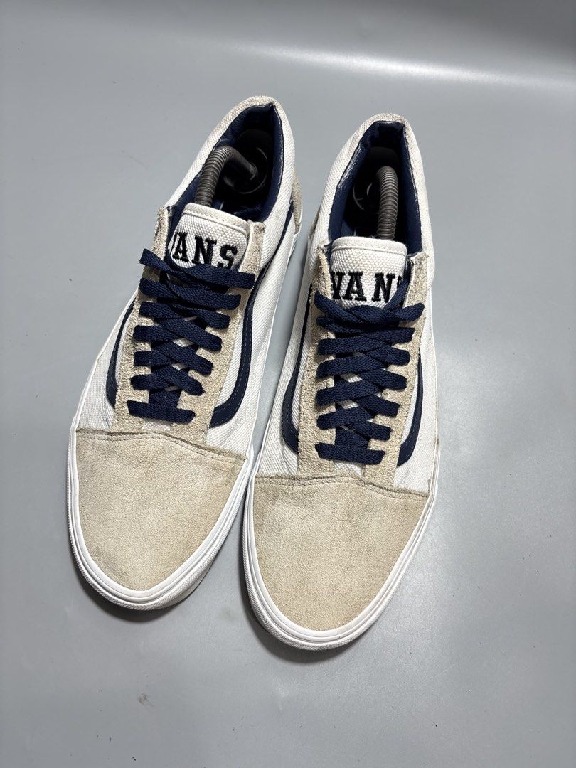 Vans Old Skool White Navy Blue Size US 10.5 (Category: Sneakers) located in Butuan. Submitted by shoeetasho (Listing ID 1465757284, Image 2). Description: - Model: Vans Old Skool - Colorway: White and Navy Blue with Cream Suede toe caps and heel counters - Size: US Men's 10.5 / UK 9.5 / EUR 44.0 / 28.5 cm - Details: Navy laces, iconic side stripe, and Vans tongue tag - Condition: Clean white midsoles, Made in Vietnam - Perks: FREE shipping includ