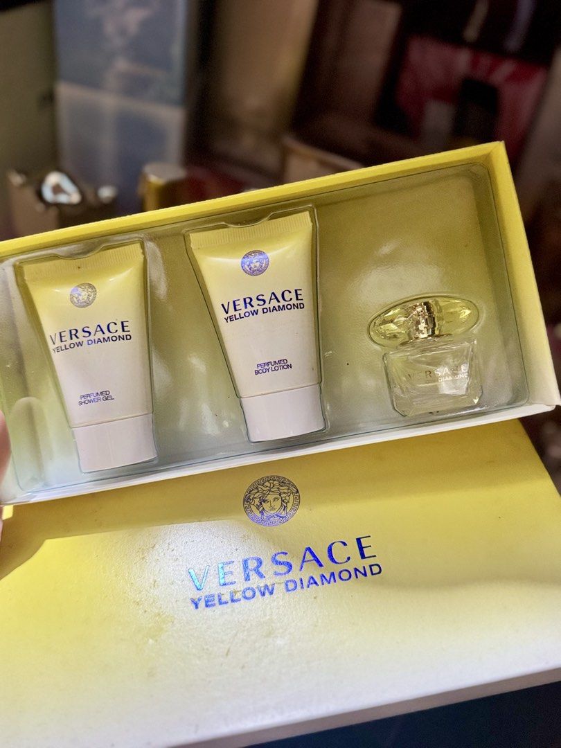 Versace Bright Crystal and Yellow Diamond Gift Sets (Category: Fragrance & Deodorants) located in Quezon City. Submitted by mhyloves21 (Listing ID 1465592166, Image 2). Description: - Authentic Versace fragrance gift sets available individually - Choice of two iconic scents: Bright Crystal (pink) or Yellow Diamond (yellow) - Each set includes: Miniature Perfume, Body Lotion, and Shower Gel - 100% brand new, unopened in original packaging - Perfec