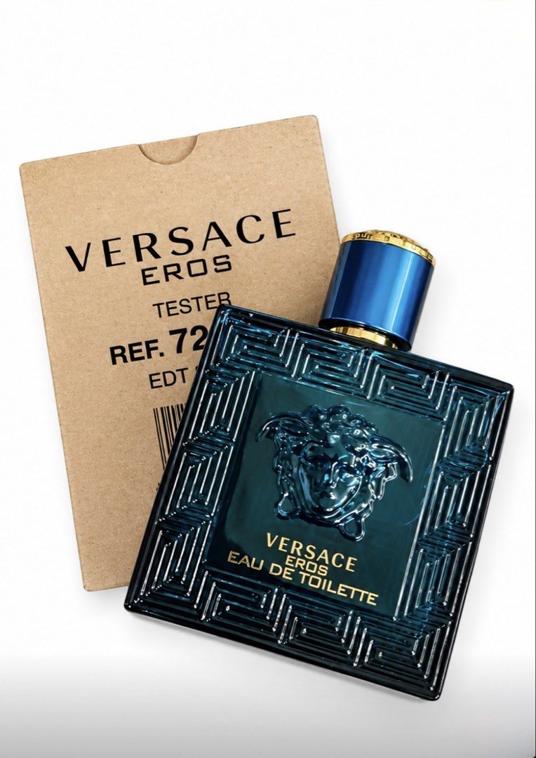 Versace Eros Eau De Toilette Tester 100ml (Category: Fragrance & Deodorants) located in Manila. Submitted by lucky777_777 (Listing ID 1465752924, Image 1). Description: - 100% Authentic Versace Eros Eau de Toilette (EDT) tester - Comes with the original brand new brown tester box - Iconic blue glass bottle with striking Medusa logo and Greek key border - Detailed gold cap featuring the signature Medusa design - Budget-friendly way to test the fra