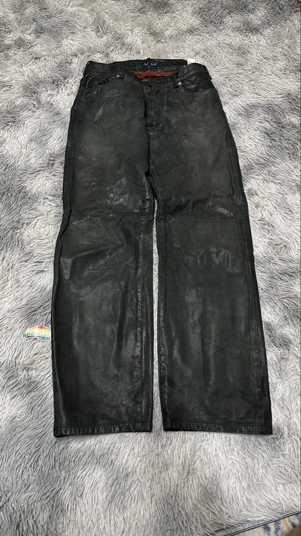 Vintage Arm*ni solid leather pants 1990's (Category: Jeans) located in Manila. Submitted by paulovenegaskalakal2020 (Listing ID 1465660681, Image 2). Description: For sale! Kalakal Vintage Arm*ni solid leather pants 1990's armani jeans tag Buttonfly Size- 30 to 31 Length- 41 inches Thigh- 12 inches Knee- 9 inches Leg opening- 8 inches Sign of usage Good MINE 10,580 +sf.