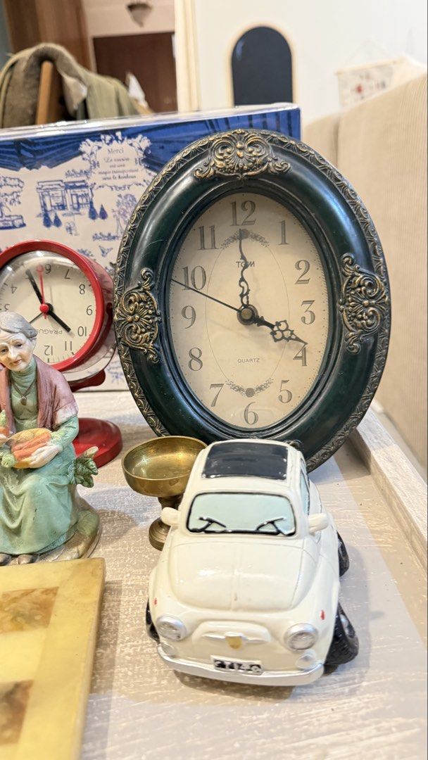 Vintage clocks, figurines, and marble chessboard set (Category: Clocks) located in Manila. Submitted by pinklilo (Listing ID 1465617616, Image 1). Description: selling as bundle only.