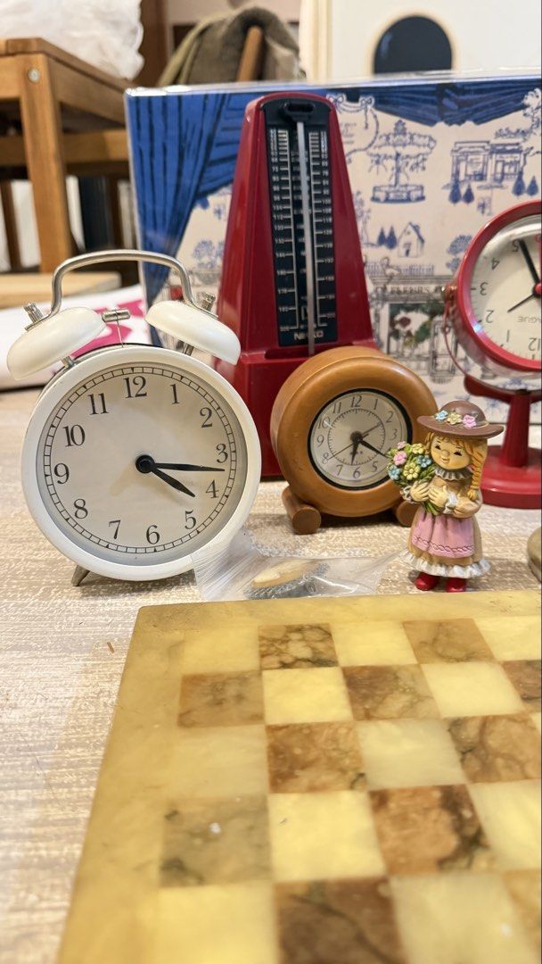 Vintage clocks, figurines, and marble chessboard set (Category: Clocks) located in Manila. Submitted by pinklilo (Listing ID 1465617616, Image 3). Description: selling as bundle only.