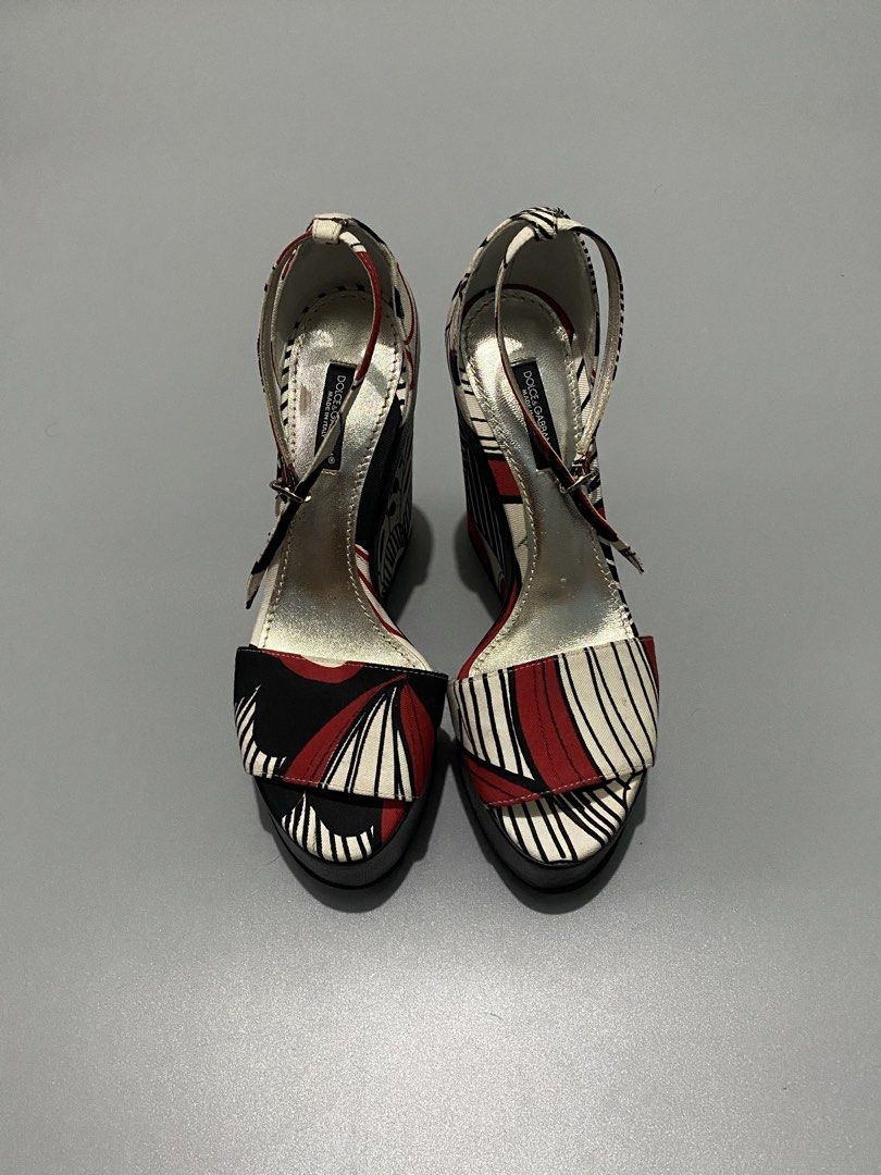 Vintage Dolce & Gabbana platform Sandals/Heels (Category: Sneakers & Footwear) located in Cebu City. Submitted by dfindss. (Listing ID 1465606727, Image 2). Description: Dolce & Gabbana platform sandals, highlighted by a bold red-and-white botanical leaf print on a chunky black block heel.