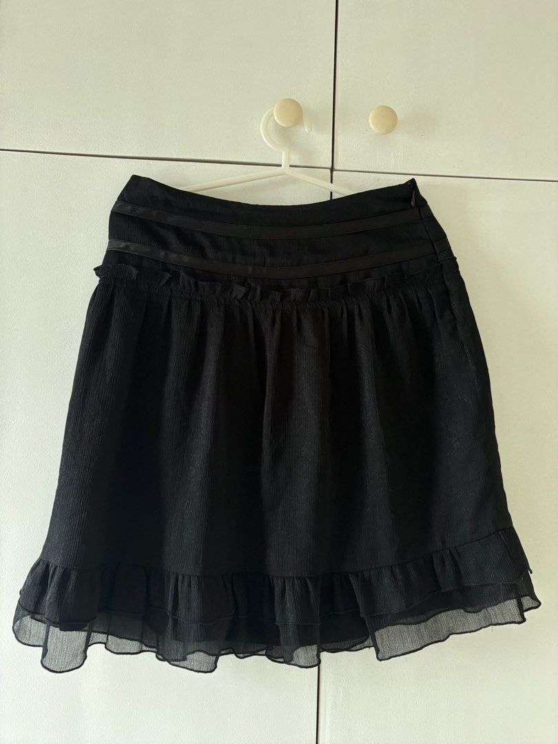 VINTAGE ruffled black skirt (Category: Skirts) located in Quezon City. Submitted by iwishyoutulips (Listing ID 1465601576, Image 3). Description: - one of my favs :( too small for me mop: gcash/bank transfer mod: jnt/lalamove tags: coquette sawako aesthetic cute dollete uniqlo h&m zara cotton on bebe vintage.