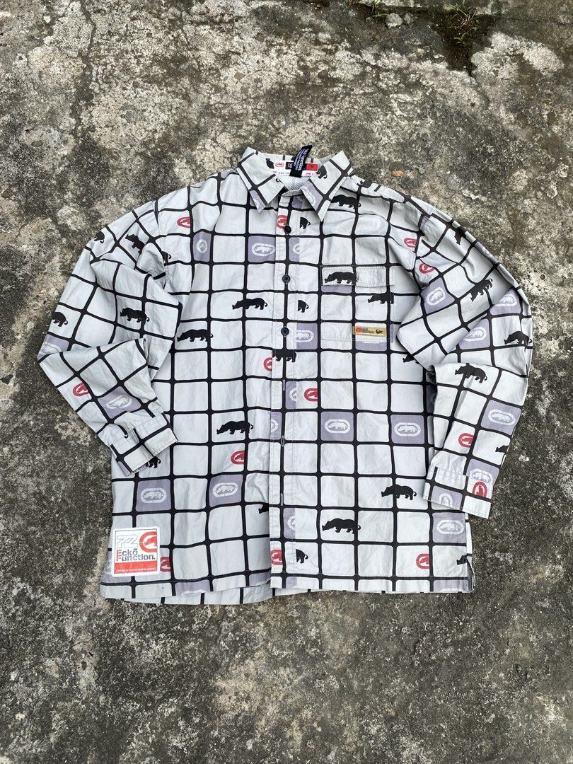 Vintage Y2K Ecko Function AOP Rhino Grid Button-Down Longsleeve (Category: Tshirts & Polo Shirts ) located in Calabanga. Submitted by 4405.curator (Listing ID 1465596026, Image 2). Description: Up for grabs is this super rare and authentic vintage Y2K Ecko Function button-down longsleeve. It features an awesome all-over print (AOP) with a rhino grid pattern in gray tones, complete with branded patches and logo taping inside the collar. Size M, fi