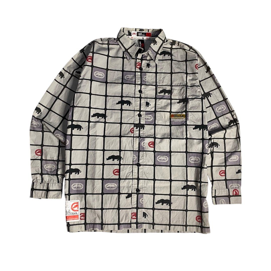 Vintage Y2K Ecko Function AOP Rhino Grid Button-Down Longsleeve (Category: Tshirts & Polo Shirts ) located in Calabanga. Submitted by 4405.curator (Listing ID 1465596026, Image 1). Description: Up for grabs is this super rare and authentic vintage Y2K Ecko Function button-down longsleeve. It features an awesome all-over print (AOP) with a rhino grid pattern in gray tones, complete with branded patches and logo taping inside the collar. Size M, fi